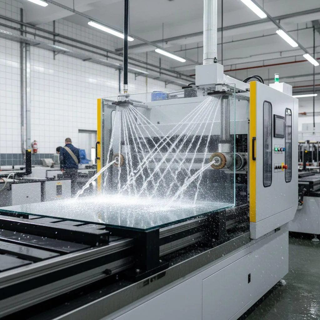 A glass edging machine creating a smooth, polished finish on a glass panel.