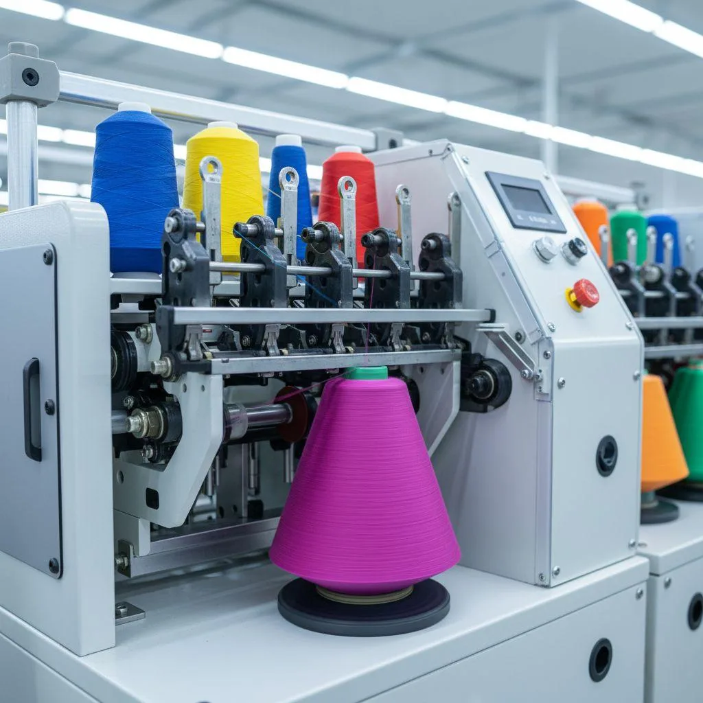 A compact textile winder, controlled by a 0.4kW miniature vector VFD, ensures precise thread tension and speed.