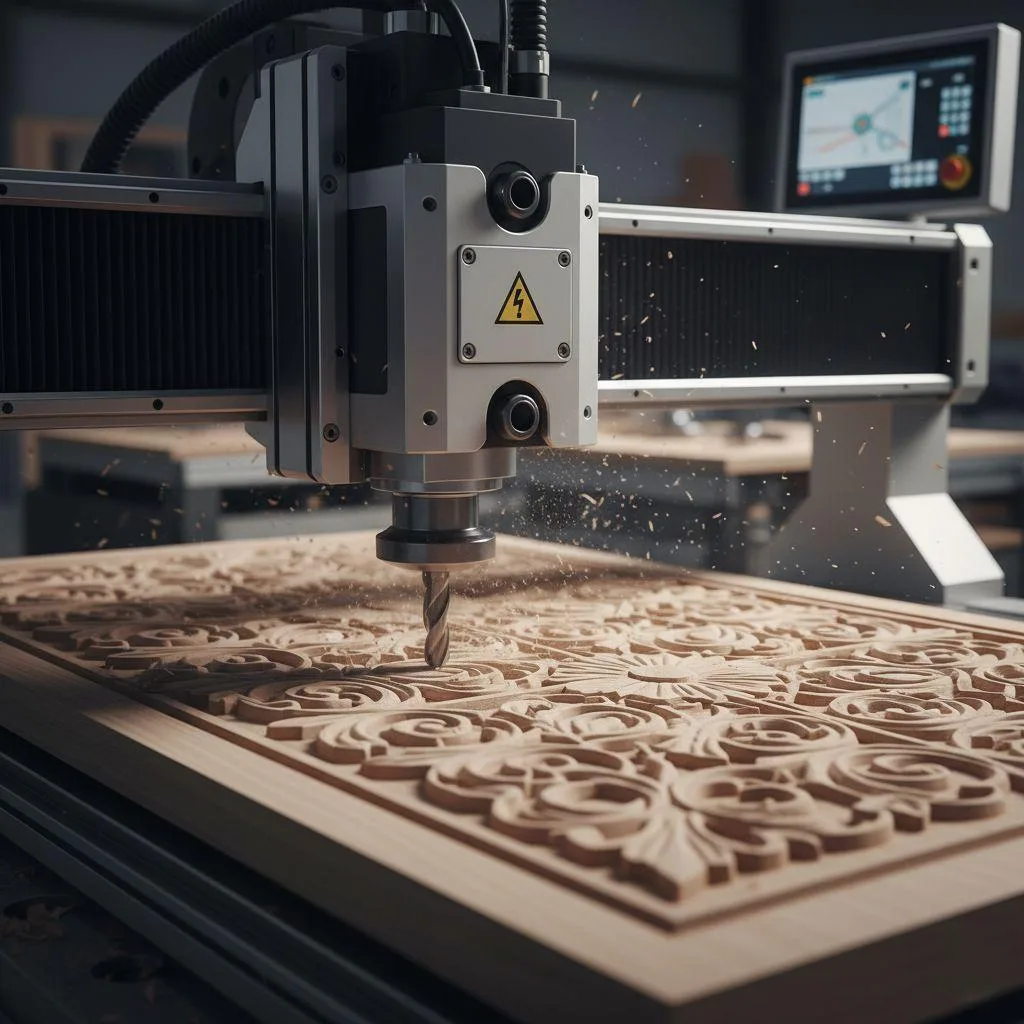 A CNC wood carving machine spindle moving smoothly to create a detailed pattern.