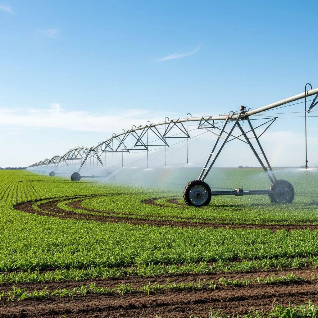 A center-pivot irrigation system watering a large farm field at sunrise.