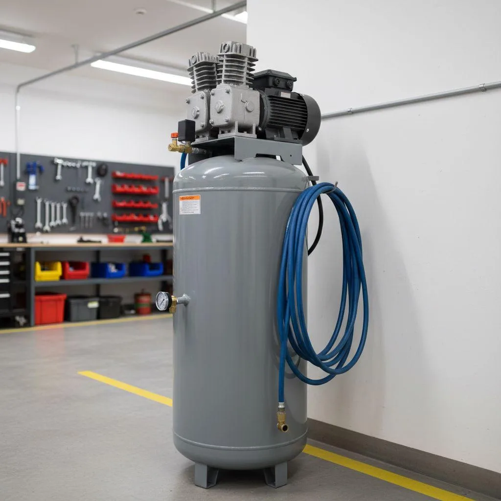 A workshop air compressor fitted with a VFD for soft-start capability to prevent breaker trips on single phase power.