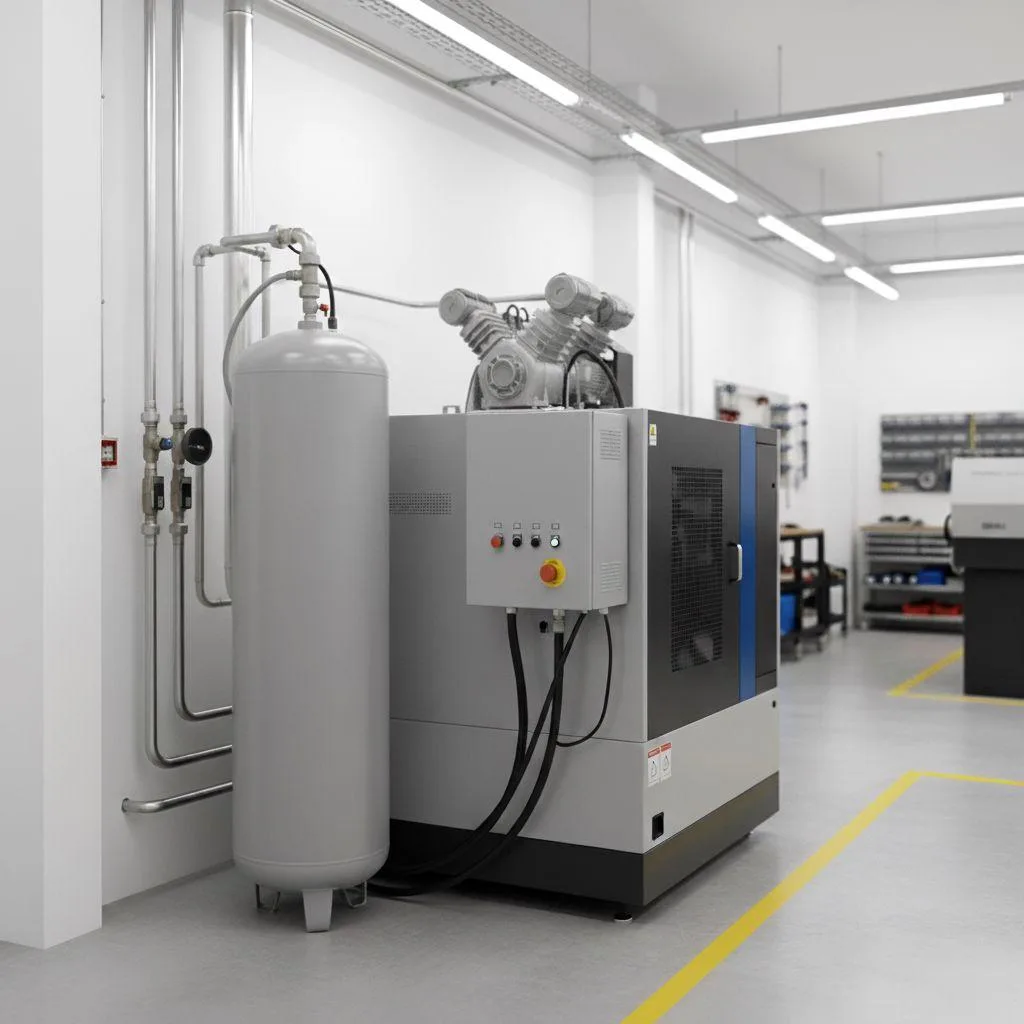 An industrial air compressor running smoothly to fill a tank in a clean workshop environment.