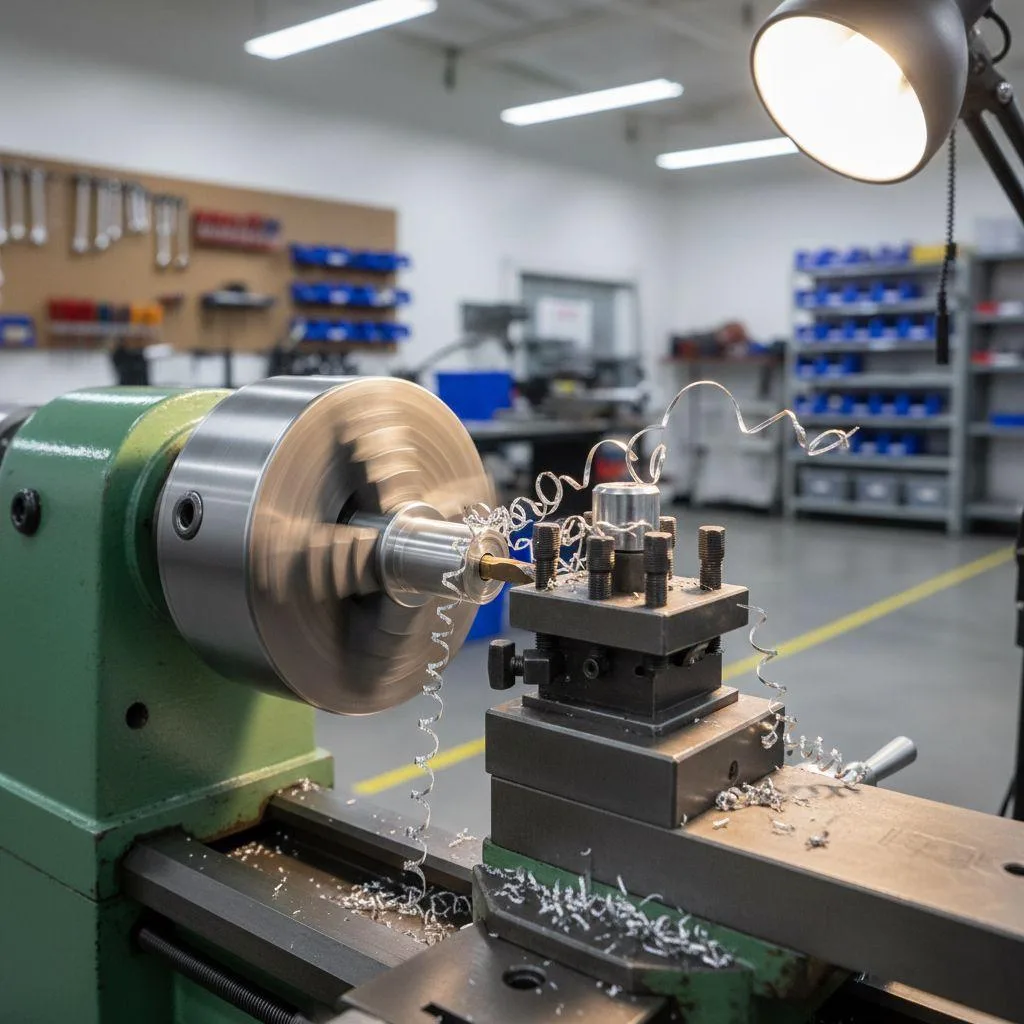Tour à métaux d'établi dans un atelier, illustrant une application courante de la commande de vitesse variable 1HP.