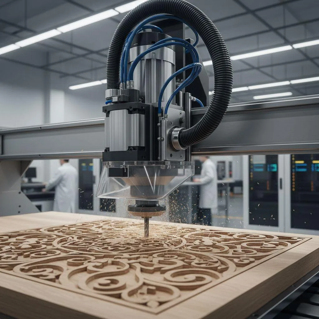 Шпиндель с ЧПУ, управляемый VFD, выполняет фрезерование древесины в тяжелых условиях.