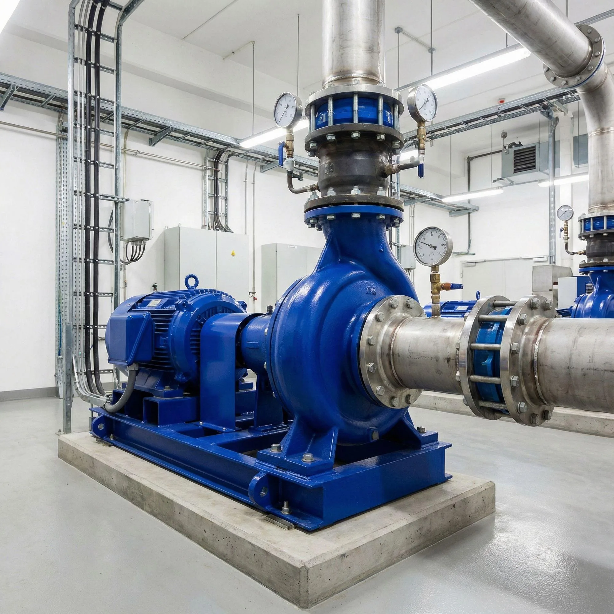 A large industrial centrifugal pump installed in a clean pump room.