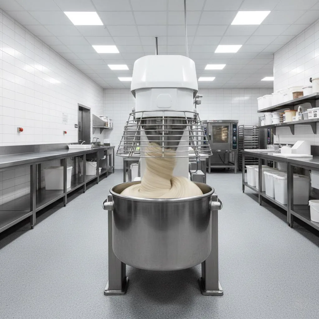 An industrial commercial dough mixer utilizing a 3HP VFD for high-torque, low-speed kneading control.