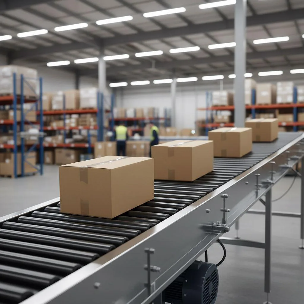 A conveyor belt VFD provides steady torque to move boxes smoothly up an incline in a logistics facility.