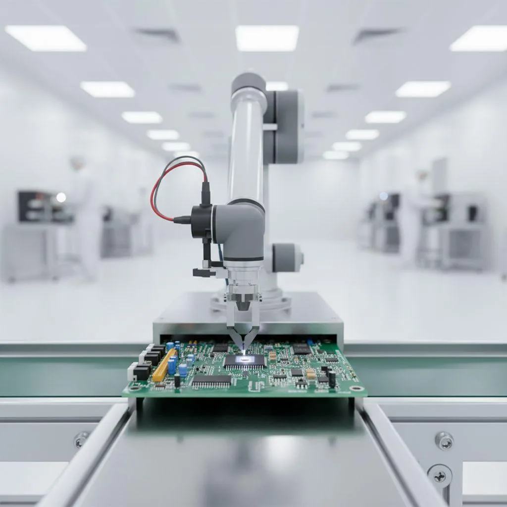 A precision robotic arm in an electronics manufacturing line, with its conveyor belt speed managed by a compact VFD for accurate component placement.