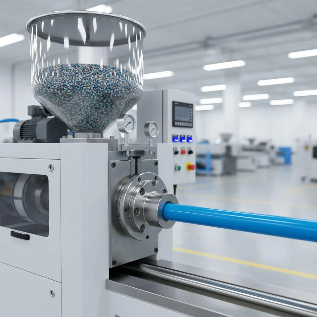 A plastic extrusion machine processing pellets into a new shape in a clean industrial factory.