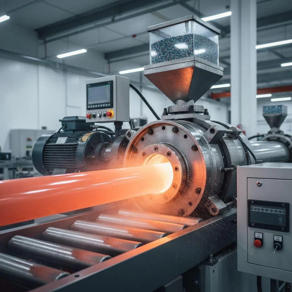 A large industrial plastics extruder processing material with consistent speed.