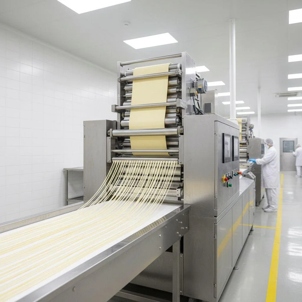 qui alimente une machine commerciale de fabrication de nouilles pour une extrusion régulière de la pâte.