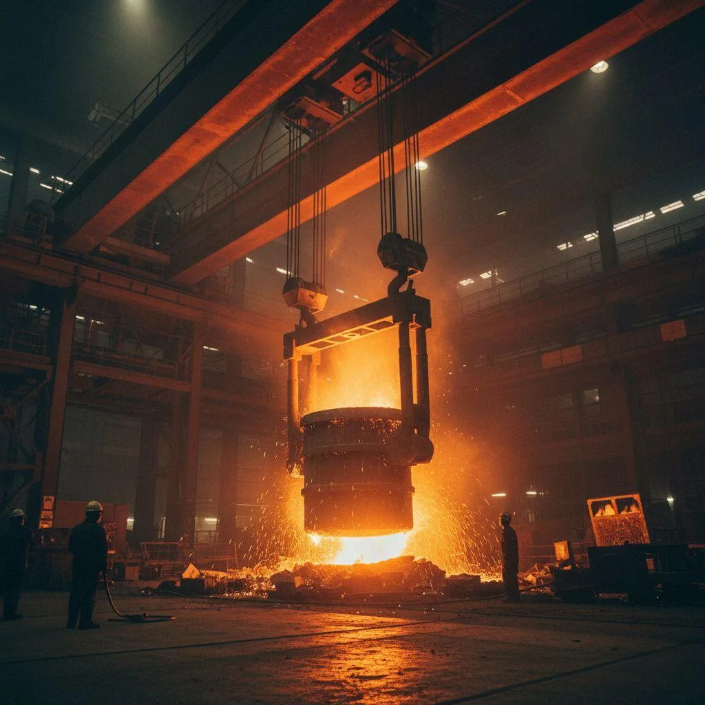 A heavy-duty overhead factory crane lifting a ladle of molten metal.