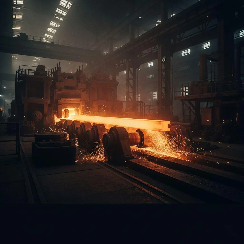 Um trem de laminagem a quente processa vigas de aço incandescentes numa fábrica de aço.