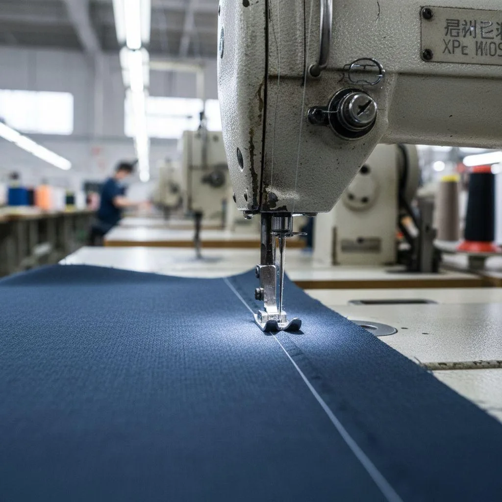 Une machine à coudre industrielle en fonctionnement, bénéficiant de la régulation précise de la vitesse d'un entraînement à courant alternatif.