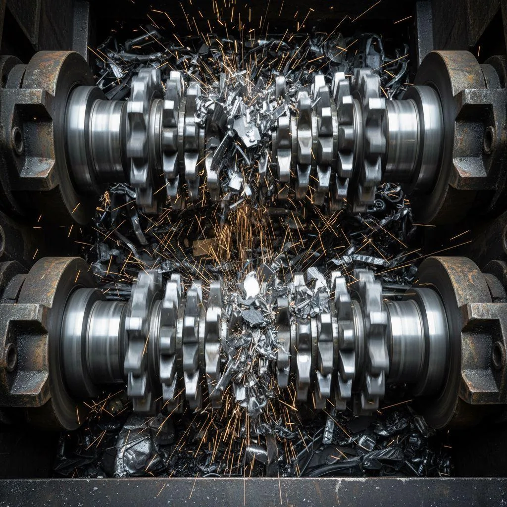 The powerful interlocking steel teeth of an industrial shredder tearing metal scrap.