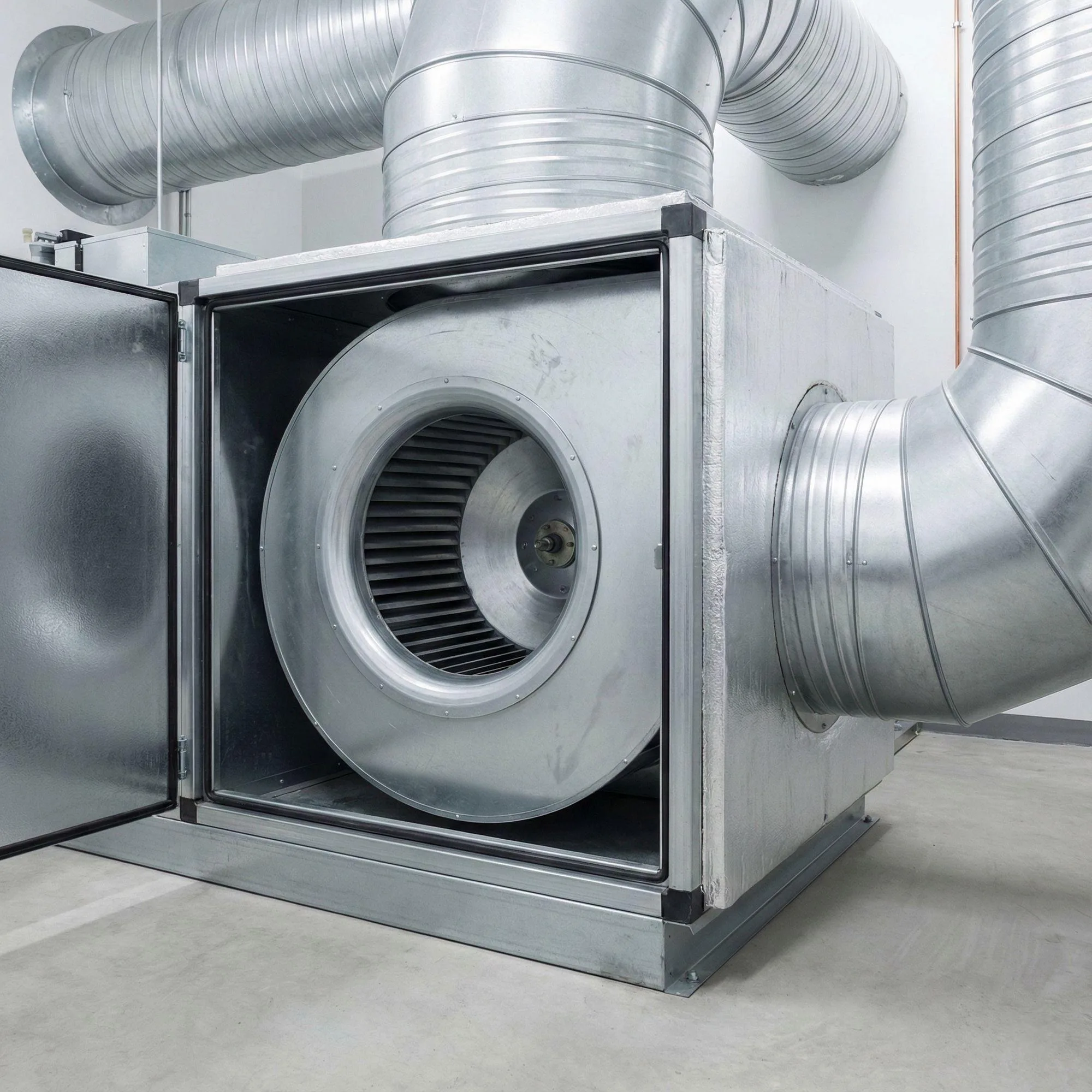 A large squirrel-cage fan assembly within an industrial HVAC air handling unit.