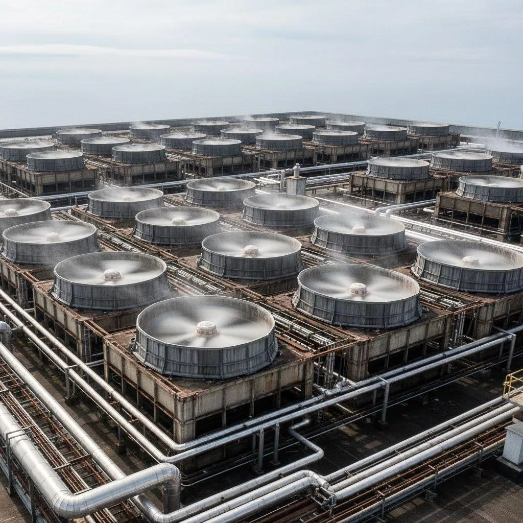 the large rotating fan blades at the top of a cooling tower.