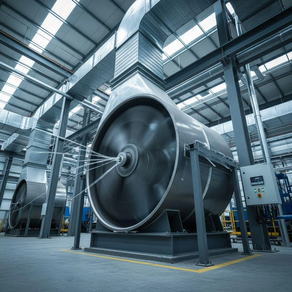 A large industrial fan providing ventilation in a factory.