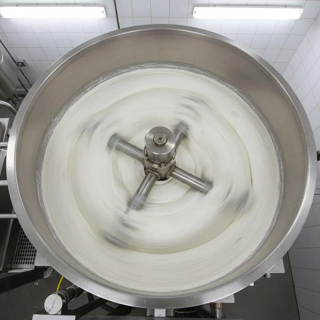 A helical ribbon agitator mixes a thick white substance in a large industrial mixing tank.