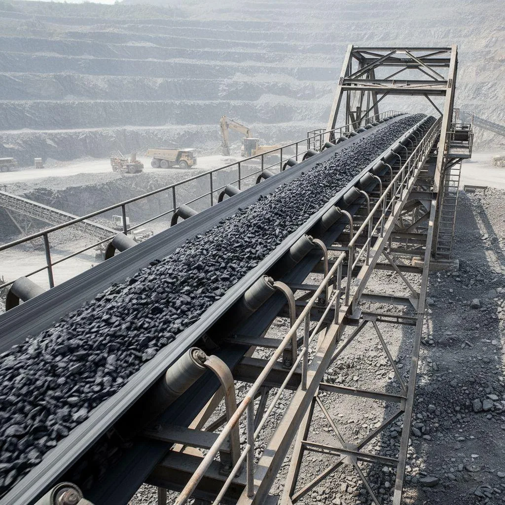 A heavy-duty mining conveyor moving ore up an incline.