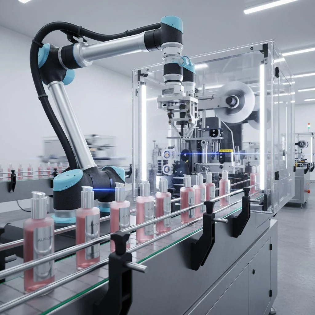 An automated labeling machine precisely applying labels to bottles on a fast-moving conveyor, demonstrating high-speed packaging machine VFD control.