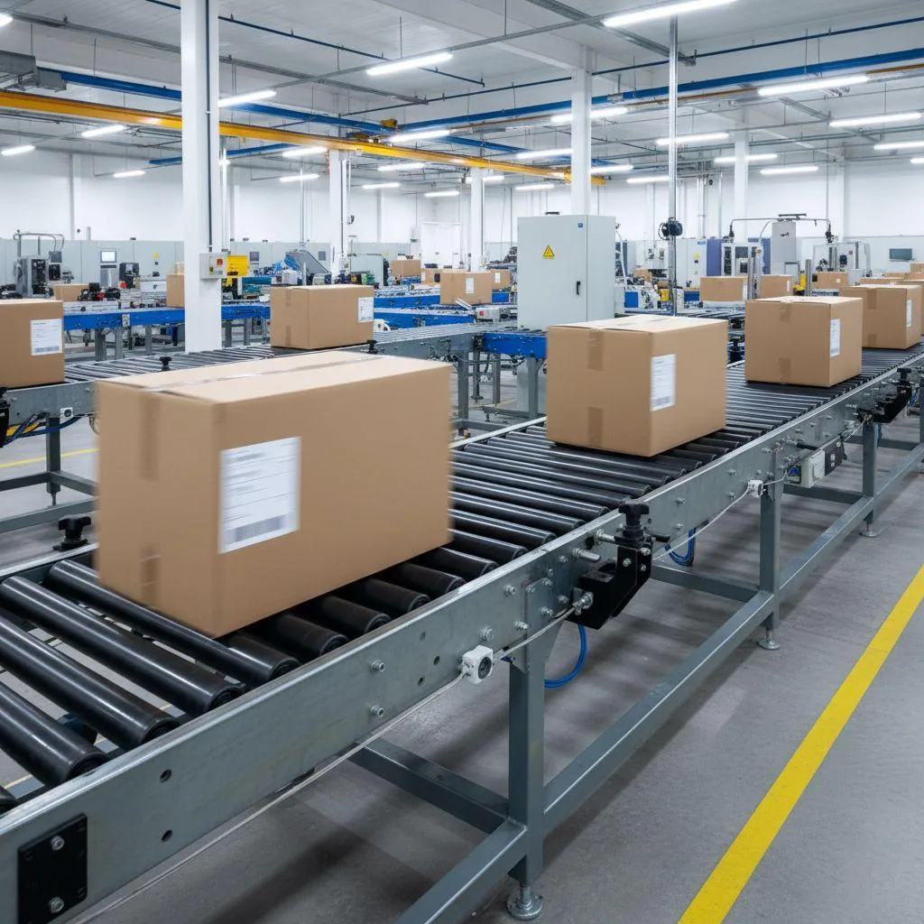 Un VFD de cinta transportadora compacto proporciona un par elevado y constante para mover cajas pesadas en una fábrica.