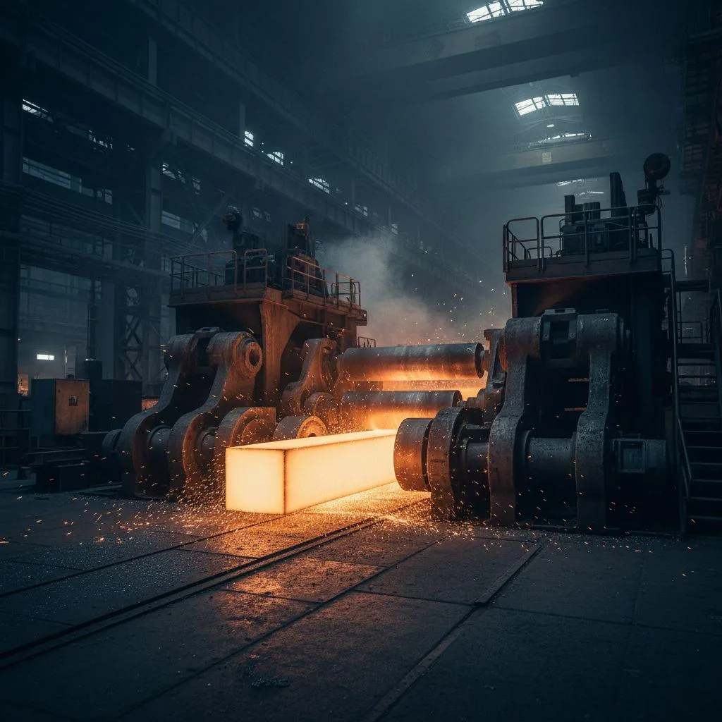 A hot rolling mill processing glowing steel beams in a steel plant.