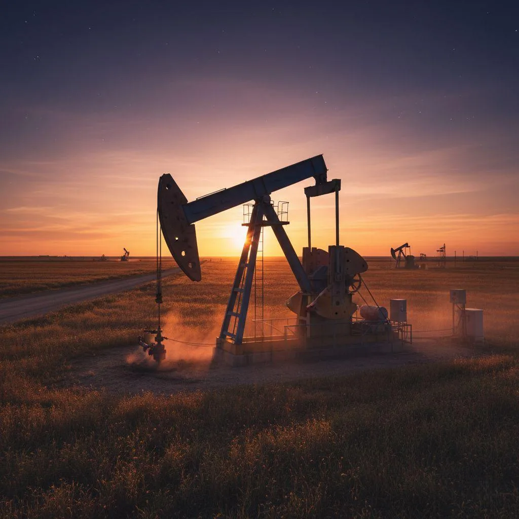 An oil pump jack operating with reliable, controlled motion in an oil field.