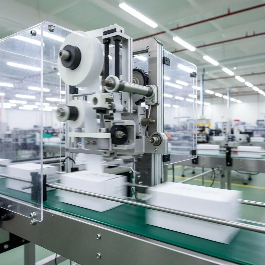 Une étiqueteuse automatisée sur une ligne d'emballage de 380 V, alimentée par un EV210 VFD compact (1,5 kW), démontrant un contrôle à grande vitesse.