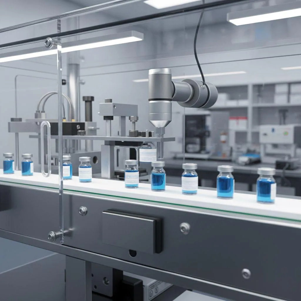 Ein VFD für eine Verpackungsmaschine sorgt für eine präzise, reaktionsschnelle Motorsteuerung für ein Hochgeschwindigkeits-Etikettiersystem für pharmazeutische Flaschen.