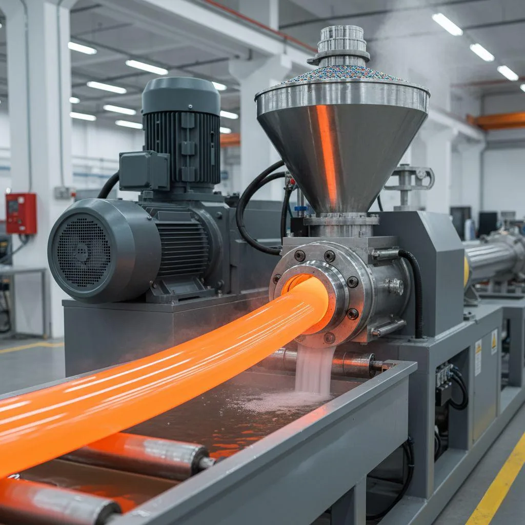 A large industrial plastics extruder processing material with consistent speed.