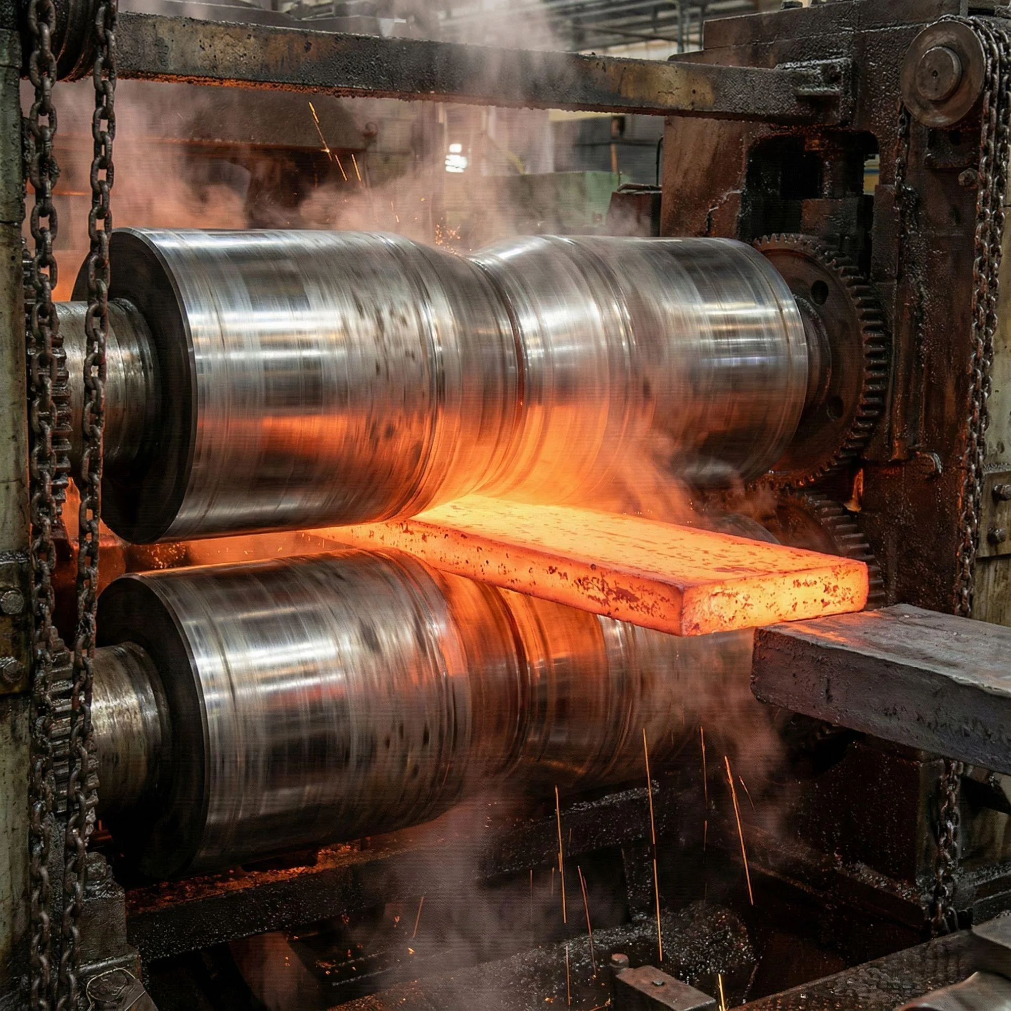 Two large steel rollers in an industrial mill, pressing a hot piece of metal.