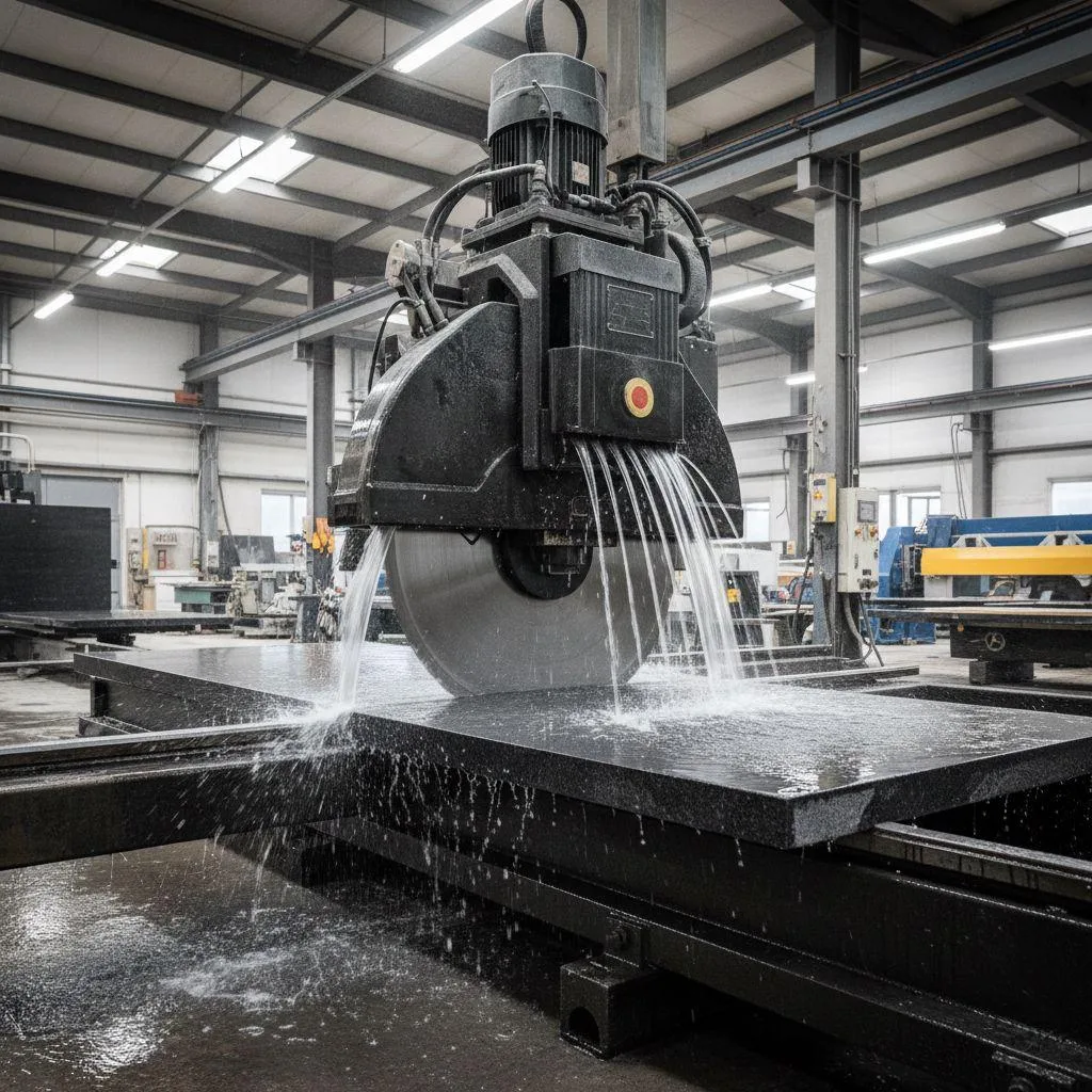 VFD controlling a stone bridge saw motor for precise granite cutting.