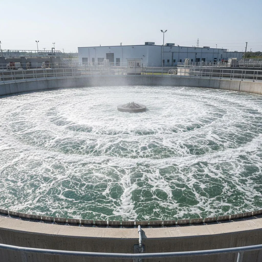 Water bubbling vigorously in a large concrete basin at a water treatment facility.