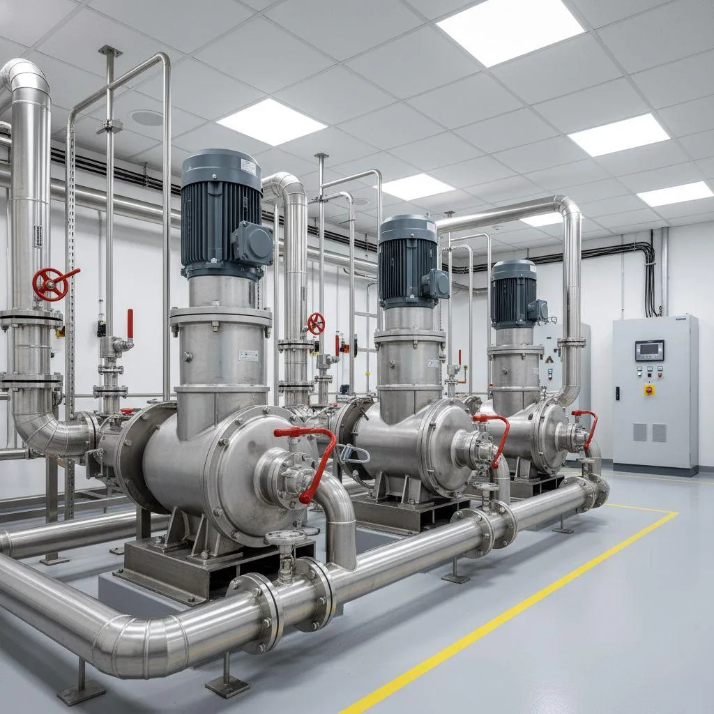 Eine Mehrpumpen-Wasserdruckerhöhungsanlage im Technikraum eines Gebäudes.