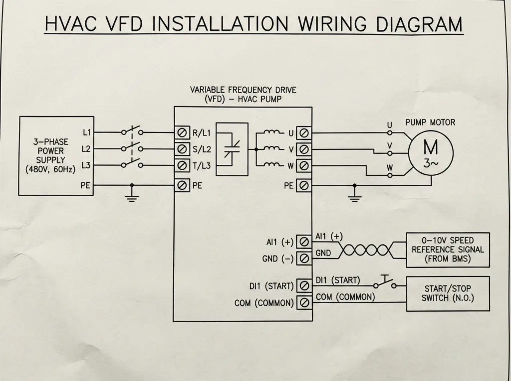 Standard electrical wiring diagram for a VFD in HVAC system, detailing 3-phase power inputs and motor output connections for pumps or fans.
