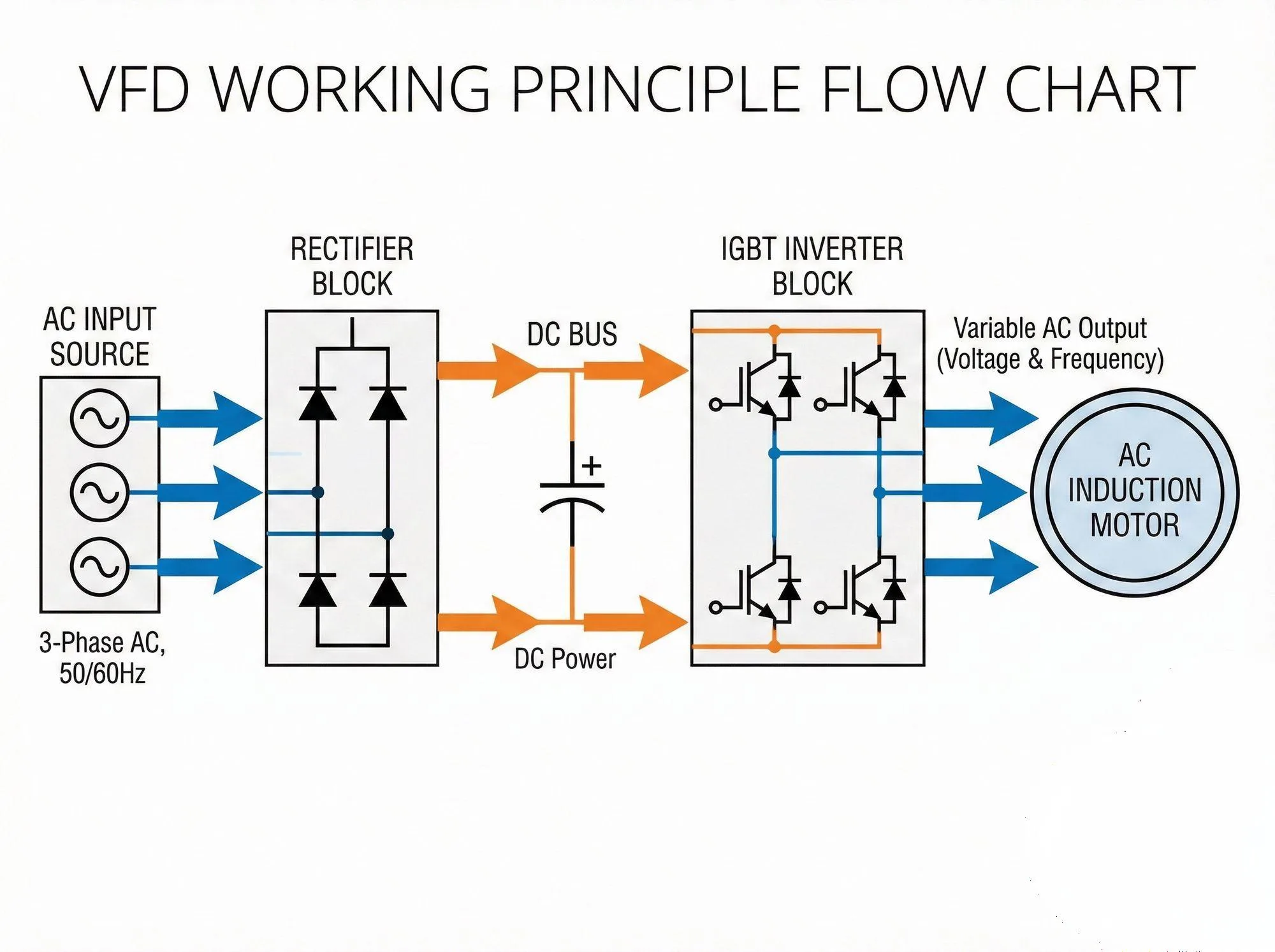 Schematic diagram illustrating the working principle of a VFD in HVAC system, showing the conversion from AC to DC and back to variable frequency AC.