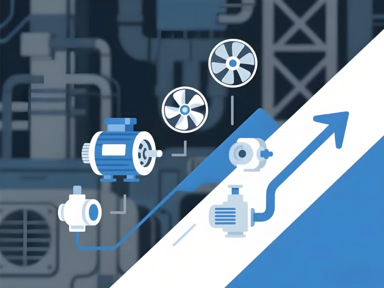VFD Selection Guide visual showing AC motors, fan loads, pump systems, and application-specific considerations