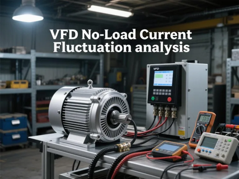 Industrial motor showing VFD No-Load Current Fluctuation analysis with VFD parameter settings for motor and troubleshooting methods