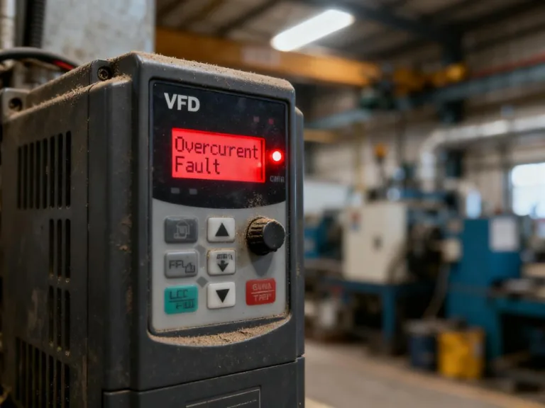 VFD Overcurrent Faults — close-up of VFD panel showing “Overcurrent Fault” alarm during motor startup