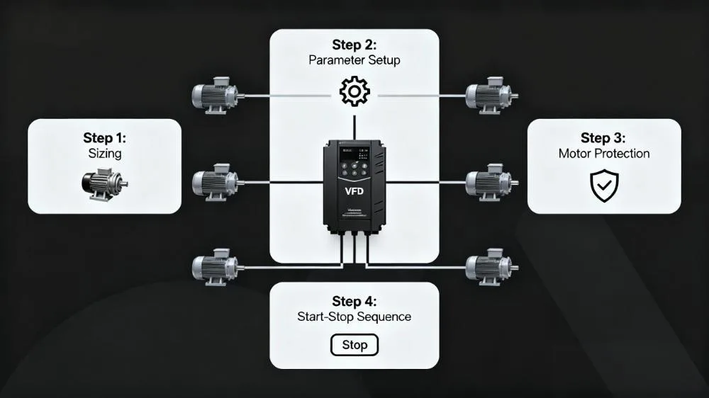 Flussdiagramm, das mehrere Motoren an einem VFD-Setup zeigt - von der Leistungsberechnung über die Parametereinstellung und den Schutz bis hin zum sequenziellen Start-Stopp-Prozess