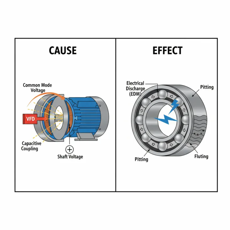 A technical diagram illustrating how VFD-induced shaft voltage causes electrical discharge machining (EDM) to arc through a motor bearing, leading to damage shown as pitting and fluting on the bearing race.
