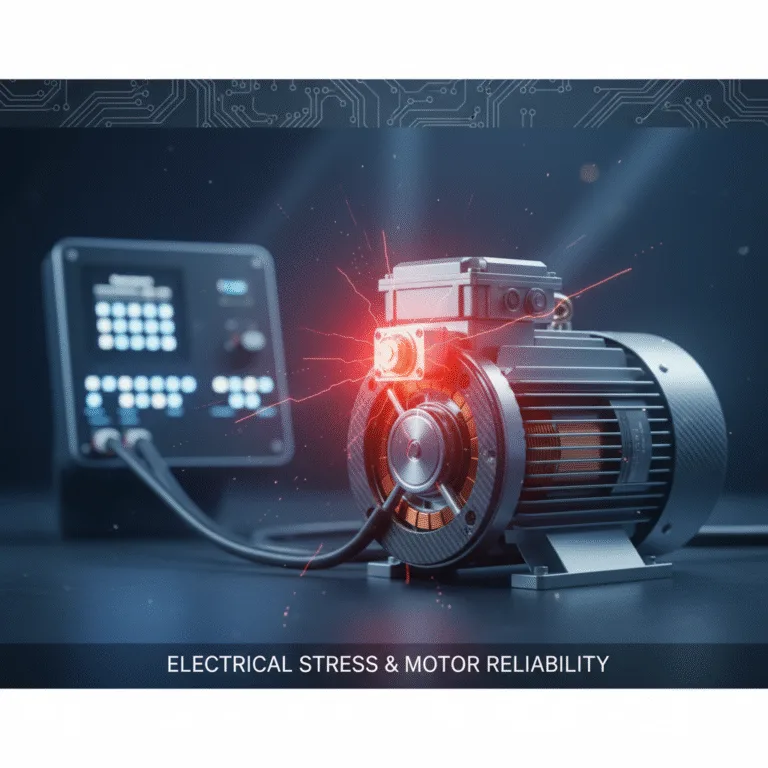 Titelbild für einen Artikel über VFD-Motorausfälle. Es zeigt einen VFD, der an einen Elektromotor angeschlossen ist, der einen glühenden Hotspot und elektrische Lichtbögen aufweist, was die Gefahr von Schäden symbolisiert.