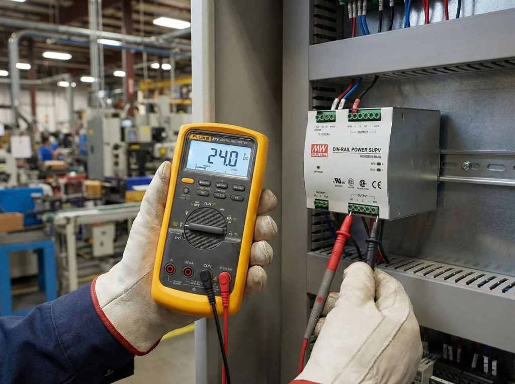 Technician verifying voltage stability on power supply to avoid PLC Module Failure caused by poor power quality.