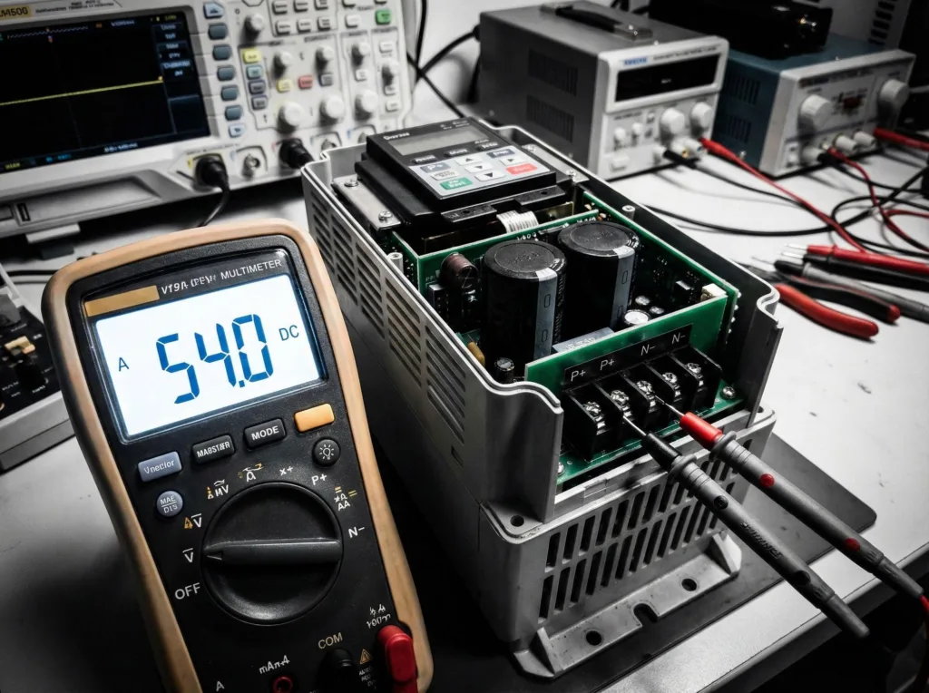 Überprüfung der DC-Zwischenkreisspannung, um den Betrieb des VFD unter den Bedingungen eines Phasenausfalls am Eingang zu bestätigen.