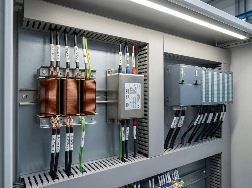 Installing input reactors to filter VFD Harmonics and prevent PLC Module Failure in automation systems.