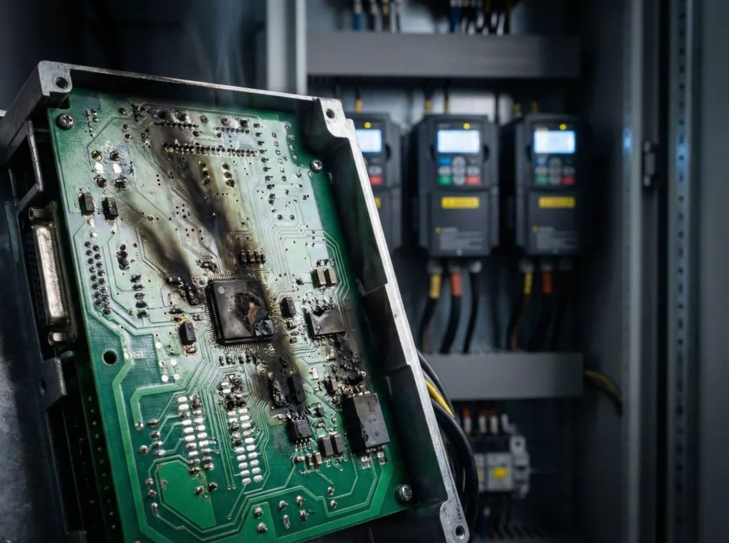 Burnt circuit board demonstrating PLC Module Failure caused by VFD Harmonics and voltage spikes in an industrial control cabinet.