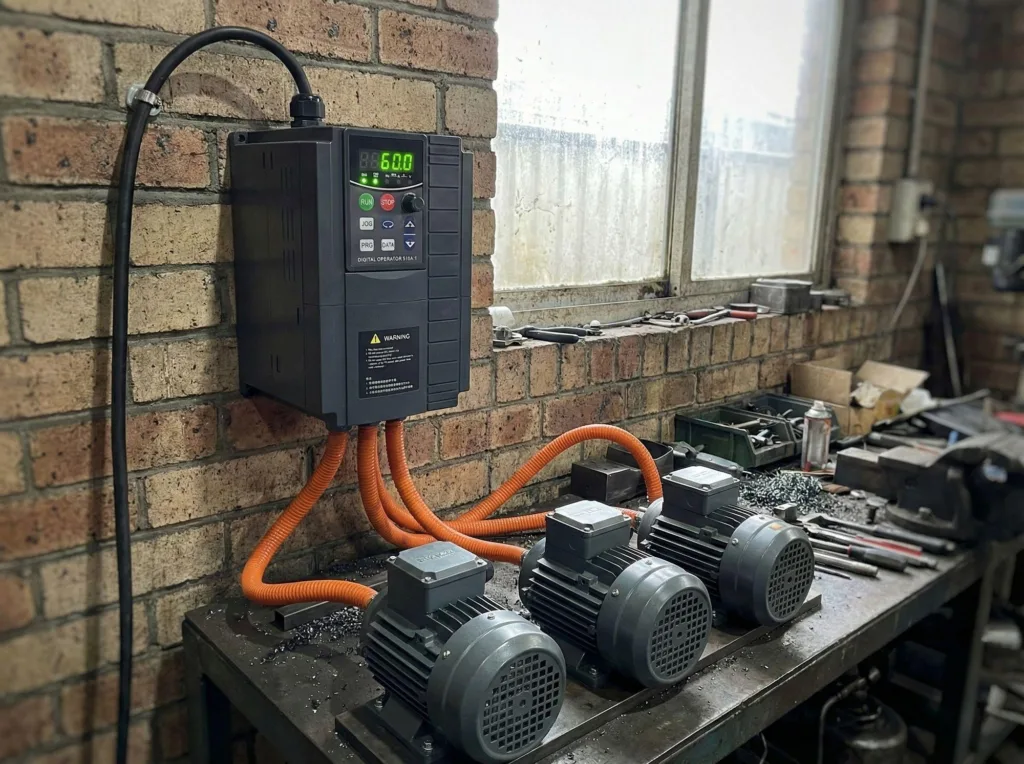 Überdimensionierte VFD-Einrichtung für den Betrieb von 3-Phasen-VFD an einem Ein-Phasen-Eingang bei Stromengpässen.