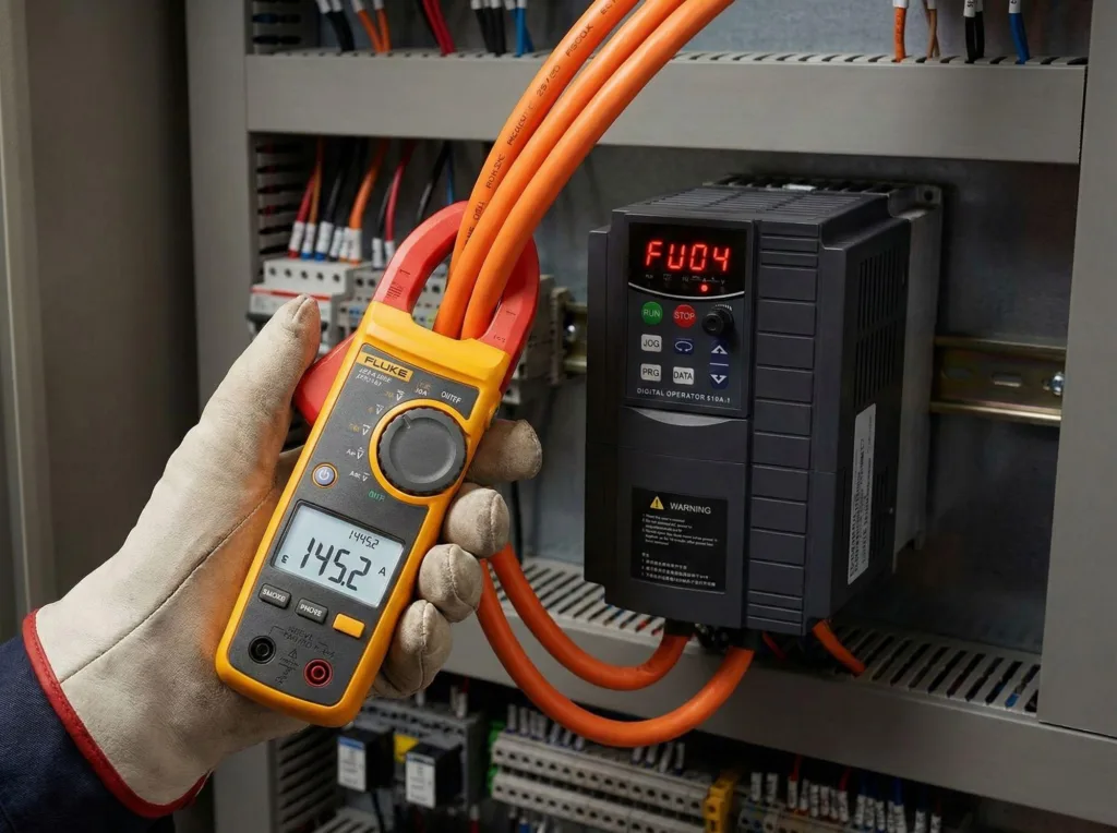 Technician using a clamp meter to diagnose VFD overcurrent fault constant speed on an industrial control panel.