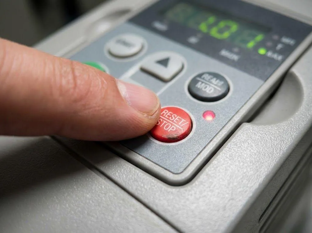 Technician performing a factory reset to troubleshoot why VFD Frequency Not Increasing on the drive.